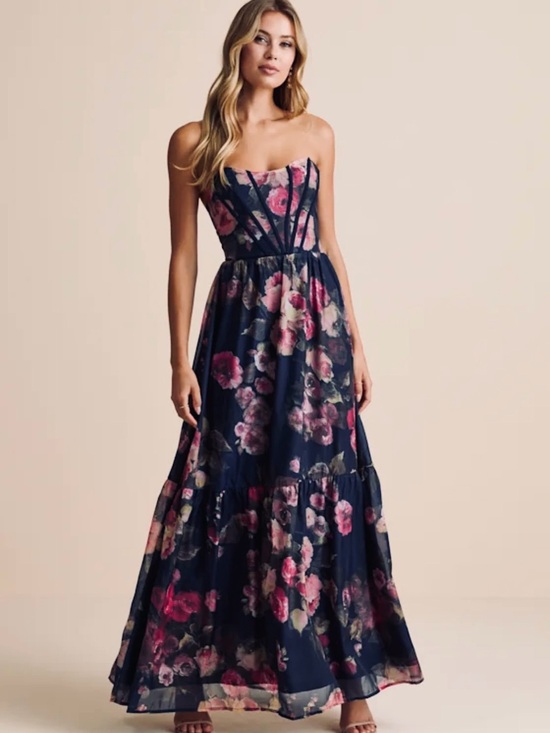 Lulus Dresses & Skirts - Roane Lulu's Navy Floral Bustier Strapless Maxi Dress Small